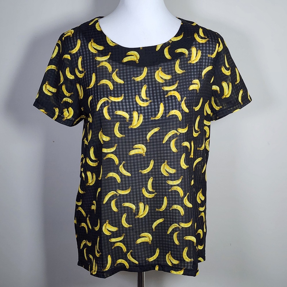 Kling Banana Print Sheer Top Womens Small‎ Black Gingham Fruit Mod Quirky Artsy